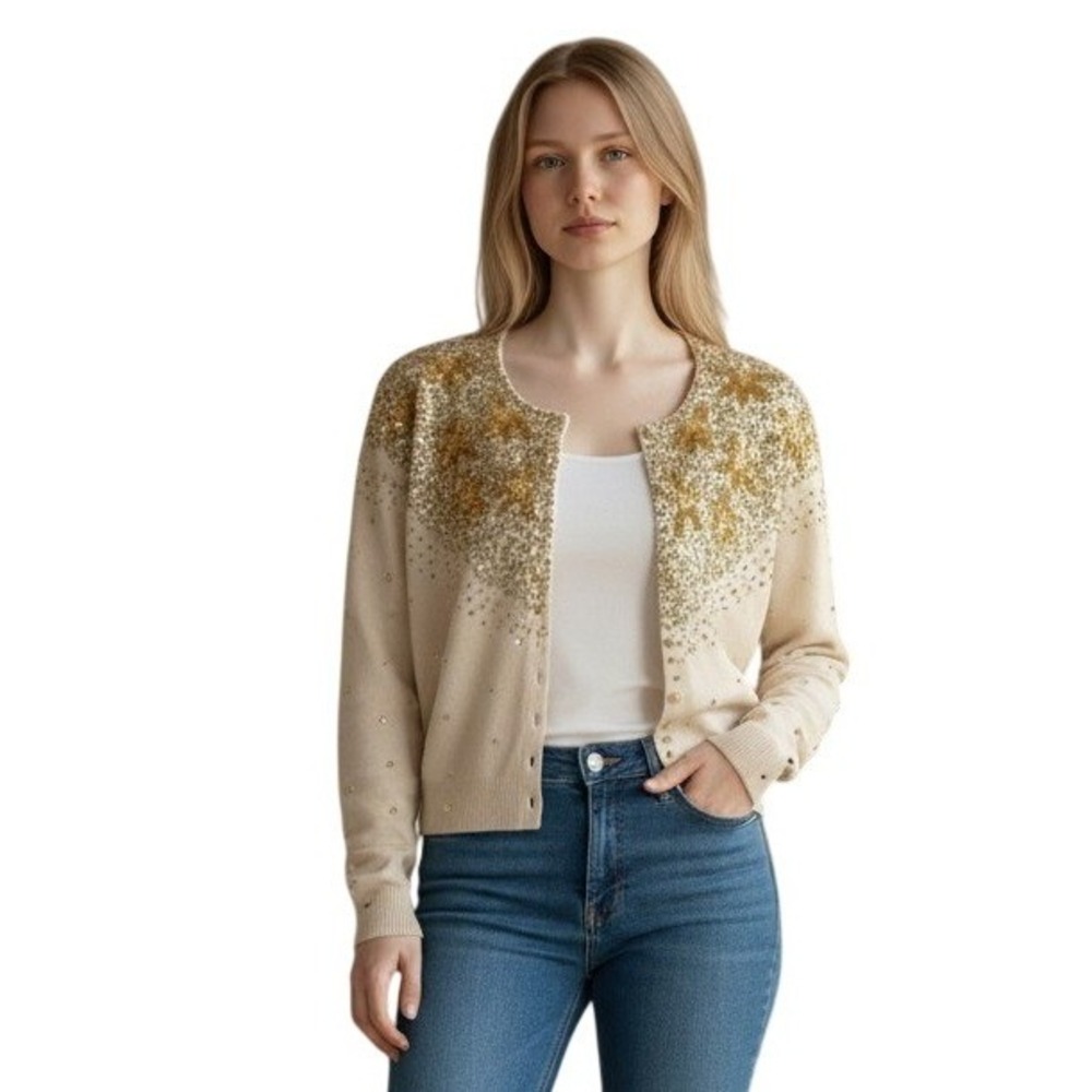 Moda International Cardigan Womens M Beige Silk Sequin Beaded Star